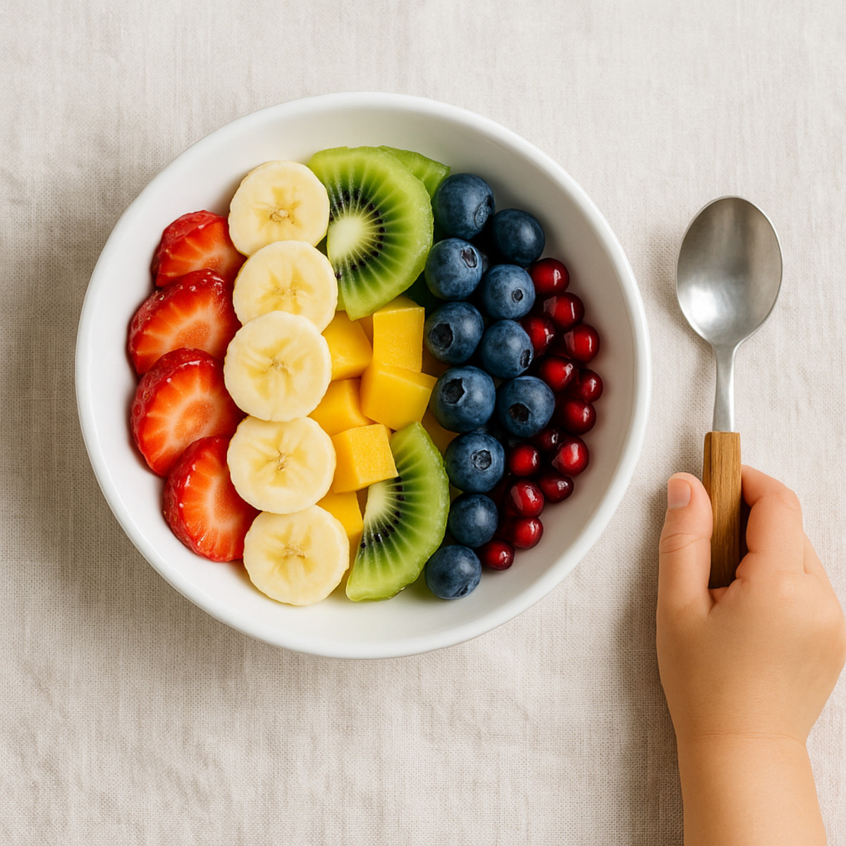 Bol de fruits colorés en arc-en-ciel avec main d'enfant et cuillère en bois