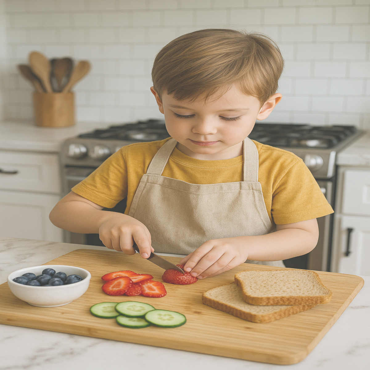 Enfant en tablier découpant une fraise pour le petit-déjeuner en cuisin