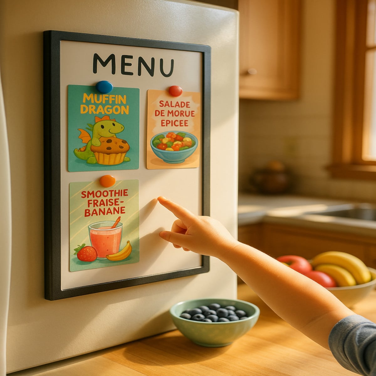 Enfant pointant une carte menu ludique sur frigo avec recettes illustrées colorées