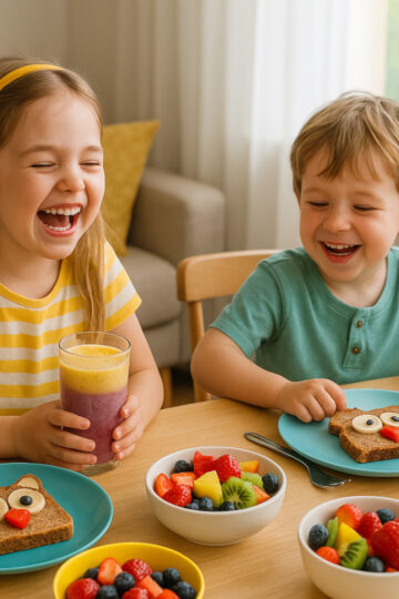 Enfants riant au petit-déjeuner équilibré pour enfants avec tartines rigolotes et fruits colorés