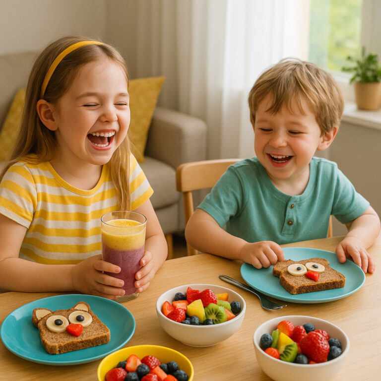 Enfants riant au petit-déjeuner équilibré pour enfants avec tartines rigolotes et fruits colorés