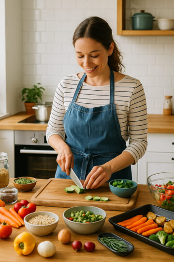 Femme en cuisine préparant plusieurs plats maison pour un batch cooking réussi du dimanche