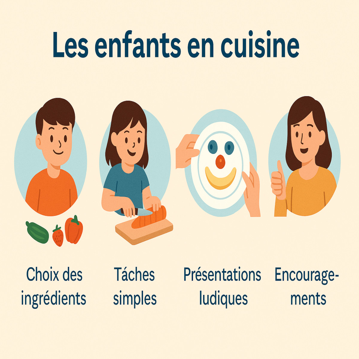 Infographie enfants en cuisine avec choix, tâches simples, présentation et encouragement