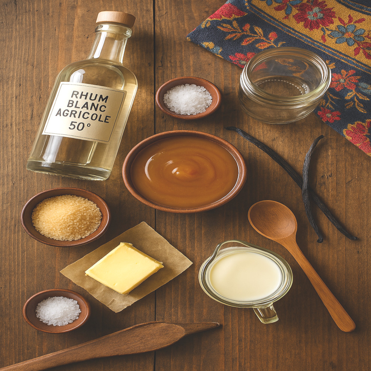 Ingrédients du rhum arrangé caramel sur table créole en bois : rhum, caramel, vanille