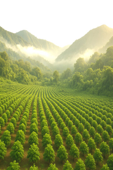 Plantation de café Bourbon Pointu vue du ciel sur les pentes volcaniques réunionnaises
