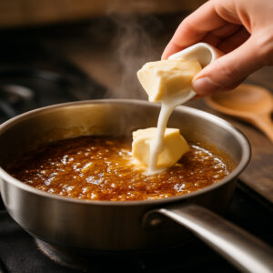 Préparation du caramel maison dans une casserole avec beurre ajouté et vapeur visible