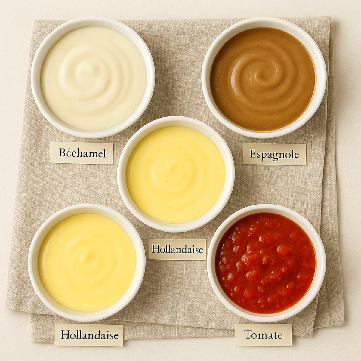 Présentation des sauces mères françaises en coupelles
