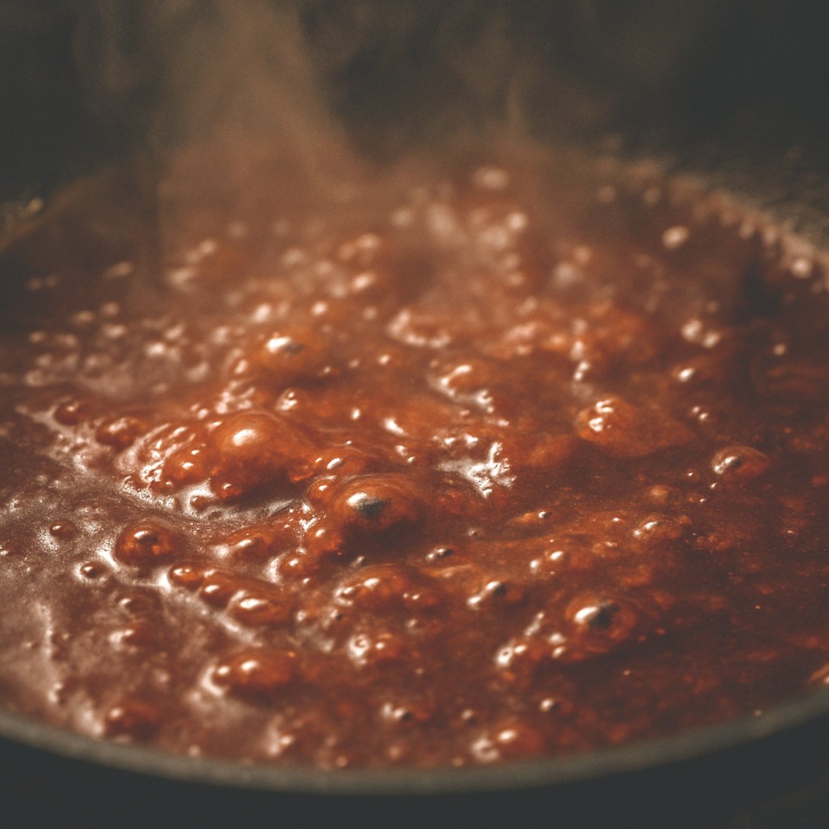 Réduction d’une sauce maison à feu doux dans une casserole en inox