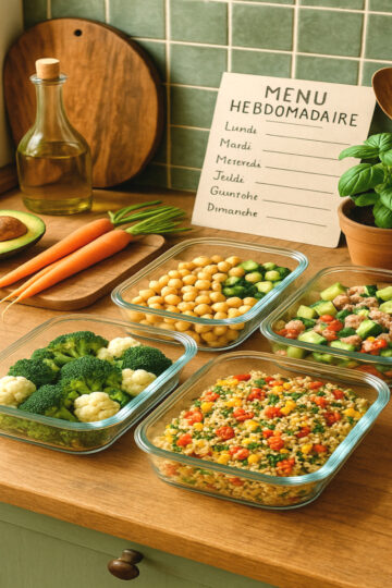 Repas végétariens en bocaux sur un plan de travail en bois, menu hebdo écrit à la main