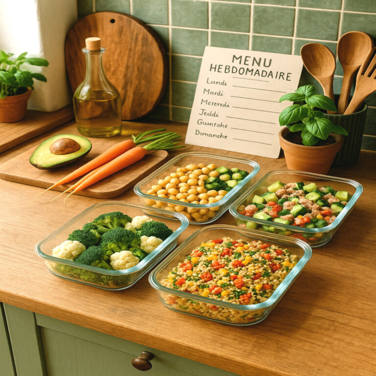 Repas végétariens en bocaux sur un plan de travail en bois, menu hebdo écrit à la main