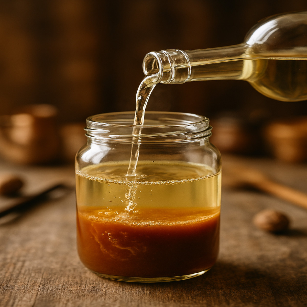 Rhum blanc agricole versé dans un bocal rempli d'un tiers de caramel maison