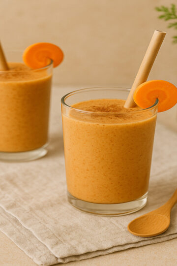 Smoothie Carrot Cake prêt à déguster avec topping et paille naturelle