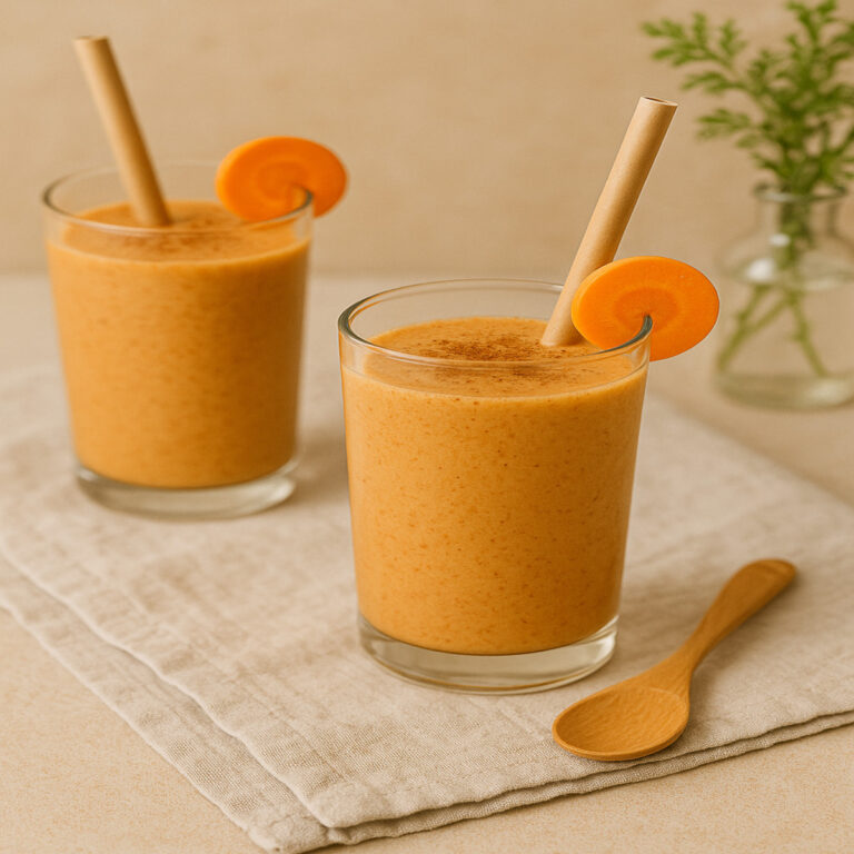 Smoothie Carrot Cake prêt à déguster avec topping et paille naturelle