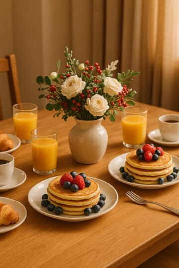 Table de petits-déjeuners festifs avec croissants, pancakes et jus d’orange pour 4