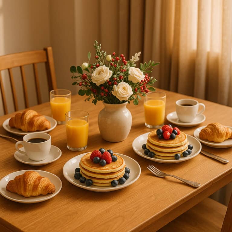 Table de petits-déjeuners festifs avec croissants, pancakes et jus d’orange pour 4