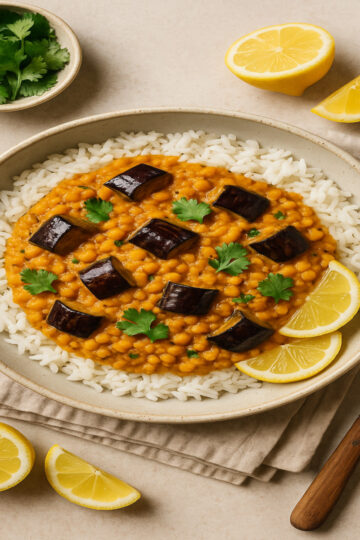Table dressée façon méditerranéenne avec curry de lentilles corail et pain naan