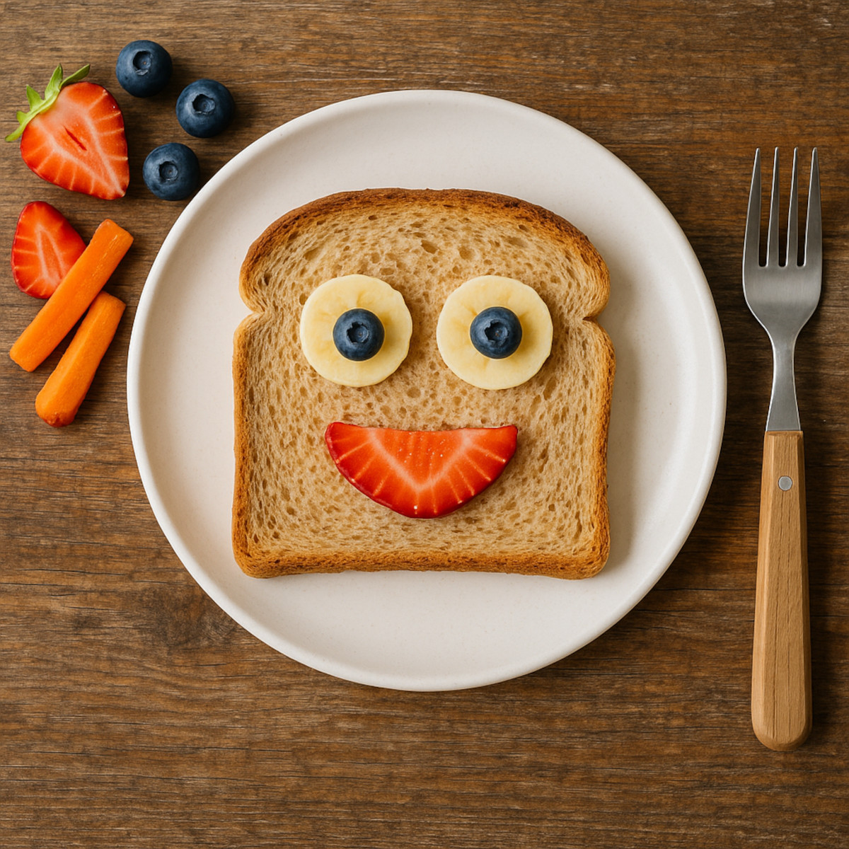 Tartine rigolote en forme de visage avec fruits sur assiette en bois rustique