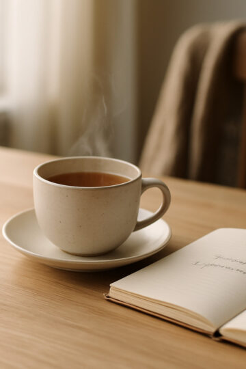 Tasse fumante de boissons chaudes et carnet sur table en bois clair au lever du soleil