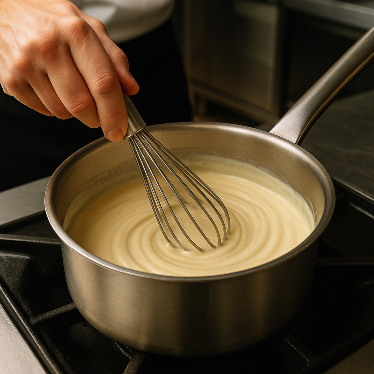 Technique d’émulsion d’une sauce à la main dans une casserole