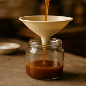 Versement du caramel dans un bocal en verre rempli à un tiers, ambiance rustique