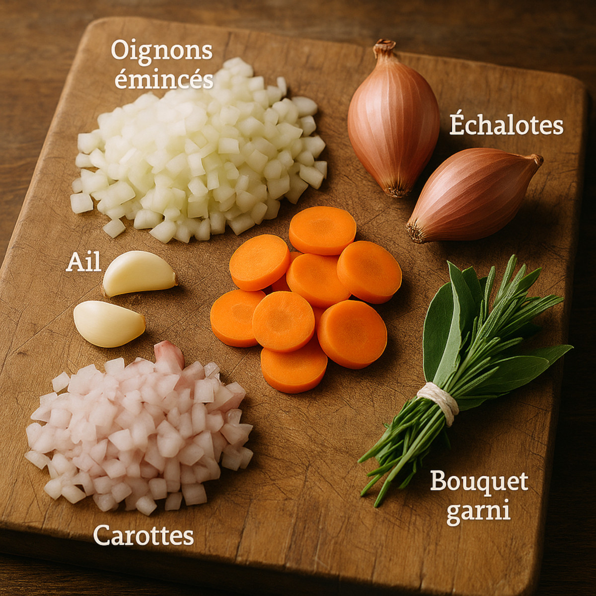 ngrédients de base pour parfumer une sauce maison : ail, herbes, mirepoix