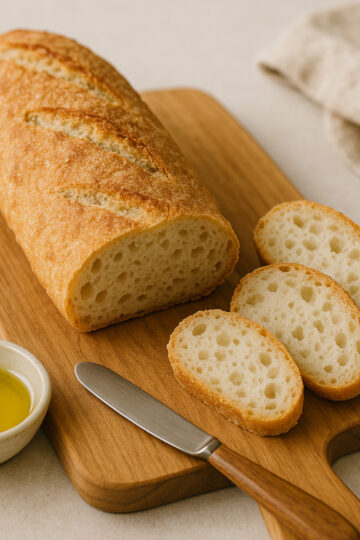 Baguette sans gluten cuite, tranchée, avec mie moelleuse et croûte dorée