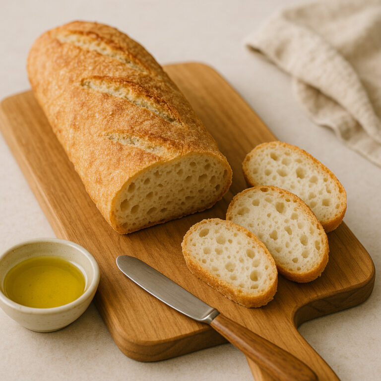 Baguette sans gluten cuite, tranchée, avec mie moelleuse et croûte dorée