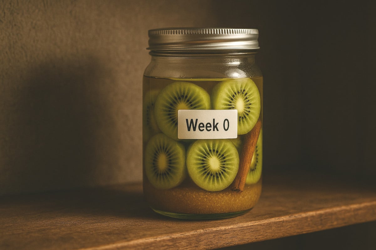 Bocal fermé contenant rondelles de kiwi et cannelle immergées dans le rhum, étiquette Semaine 0