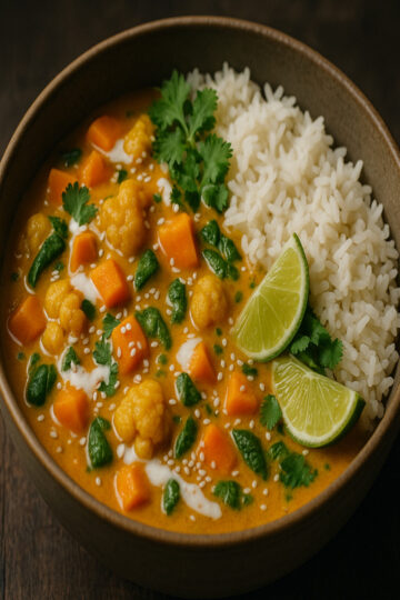 Bol de curry de légumes végétalien dressé avec riz et citron vert, plat sain et coloré