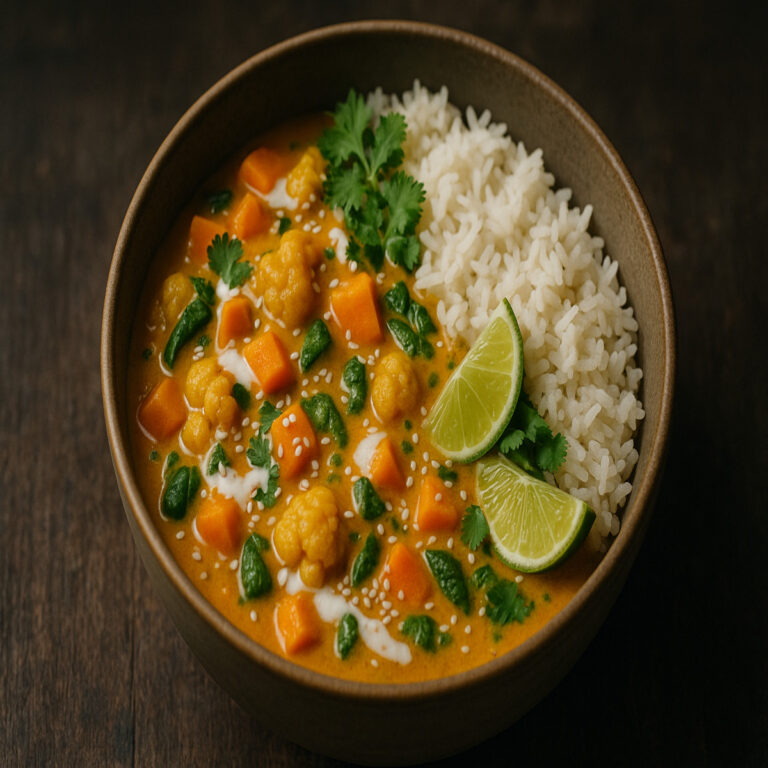Bol de curry de légumes végétalien dressé avec riz et citron vert, plat sain et coloré