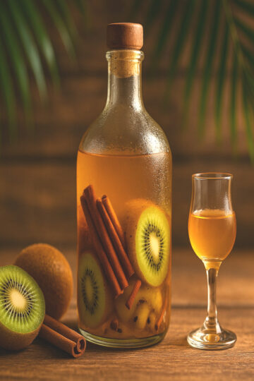Bouteille de rhum arrangé maison kiwi‑cannelle et verre de dégustation sur fond bois tropical, lumière chaude