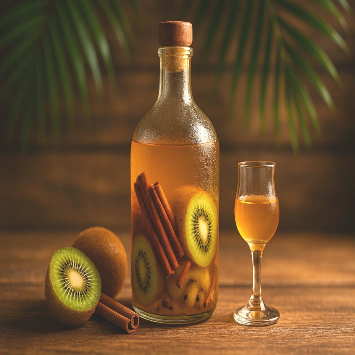 Bouteille de rhum arrangé maison kiwi‑cannelle et verre de dégustation sur fond bois tropical, lumière chaude