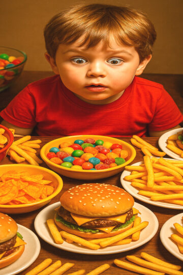Enfant entouré de malbouffe et enfants industrielle, regard captivé