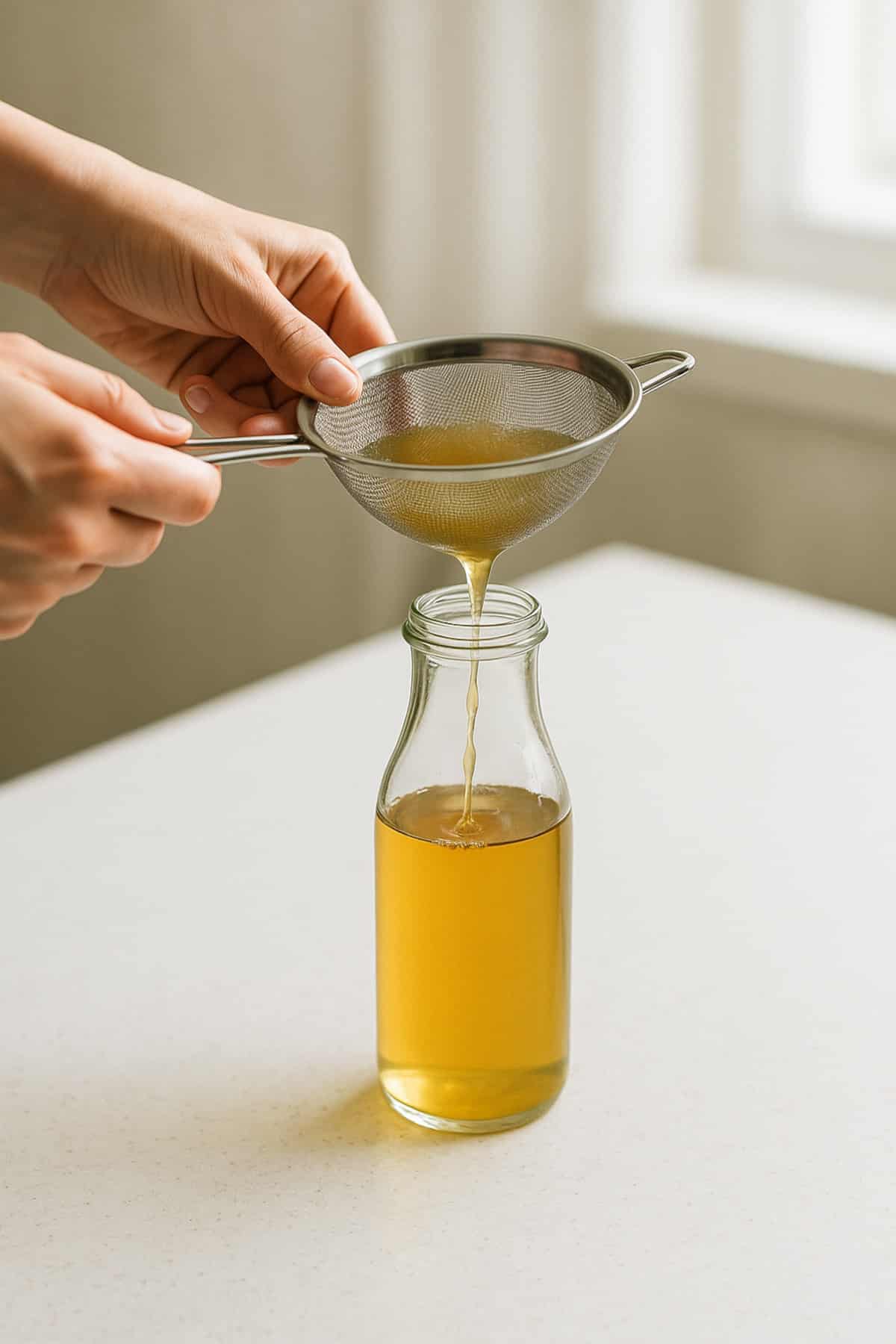 Filtration du rhum arrangé kiwi‑cannelle à travers une passoire fine dans une bouteille propre