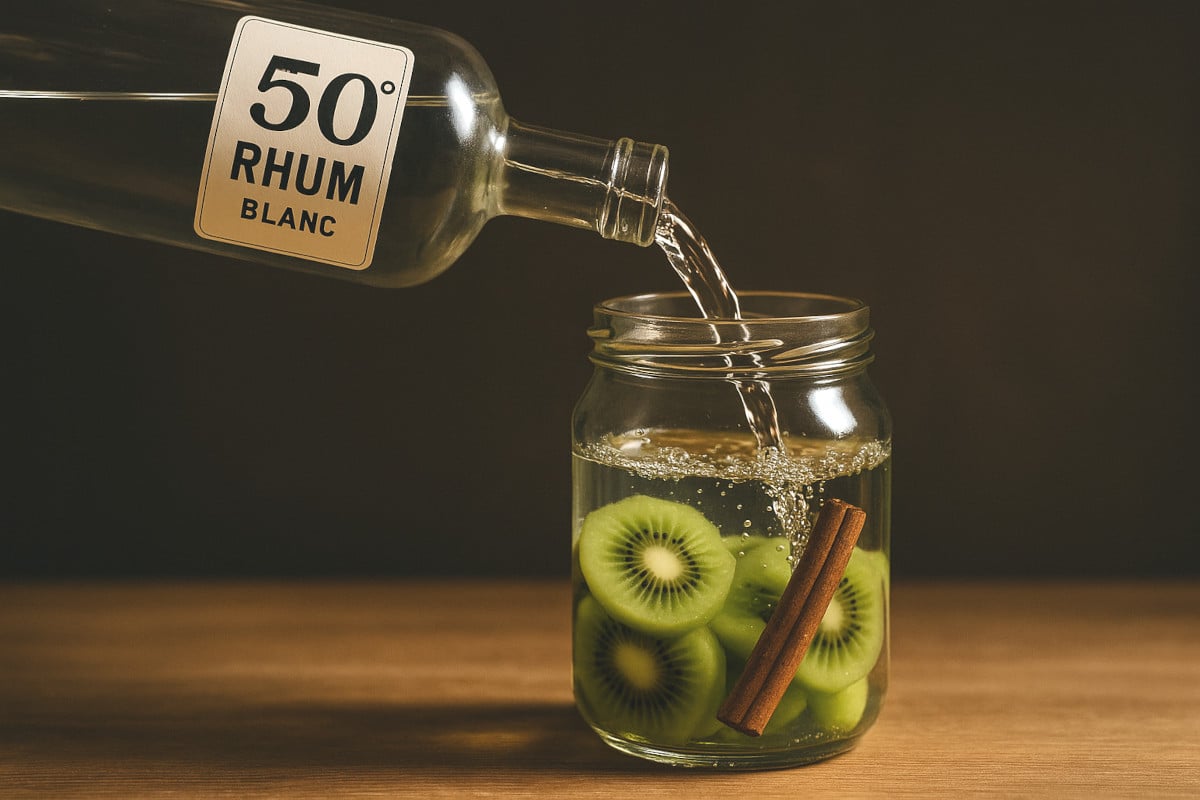 Jet de rhum blanc agricole versé dans un bocal rempli de kiwis et cannelle, éclaboussure figée