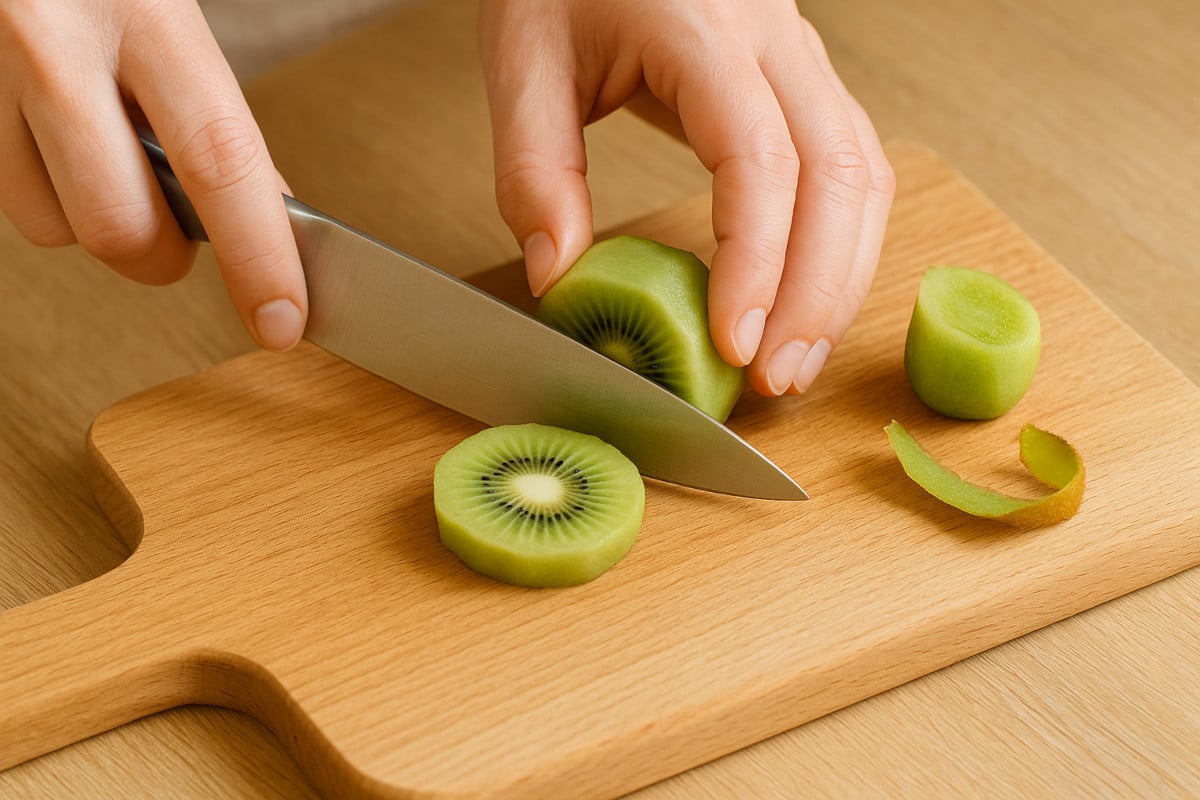 Mains épluchant et coupant des kiwis frais sur planche en bois, couteau de chef acier