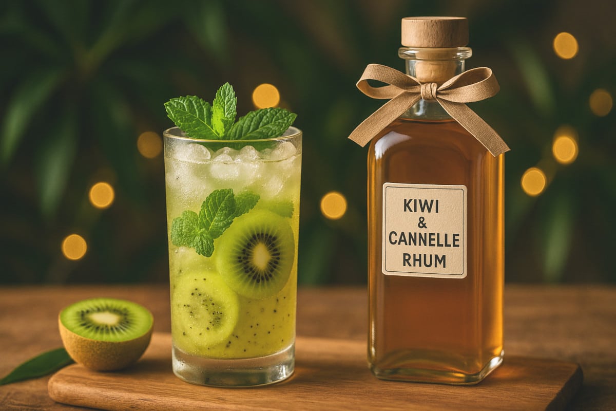 Mojito au rhum arrangé kiwi‑cannelle avec feuilles de menthe et bouteille cadeau ornée d'un ruban kraft