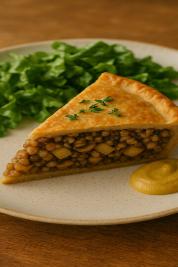 Part de tourtière végétale servie à l'assiette avec salade