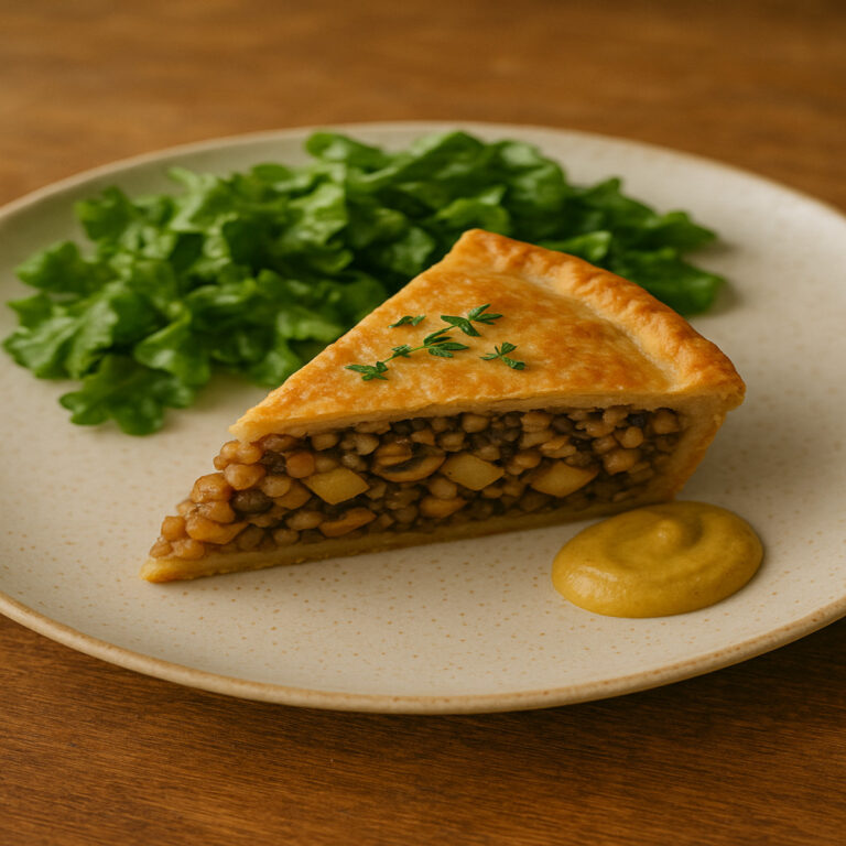 Part de tourtière végétale servie à l’assiette avec salade