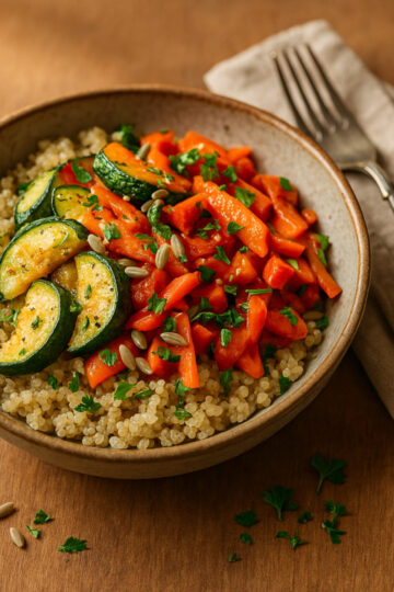 Quinoa aux légumes dans un bol, topping graines et herbes fraîches maison
