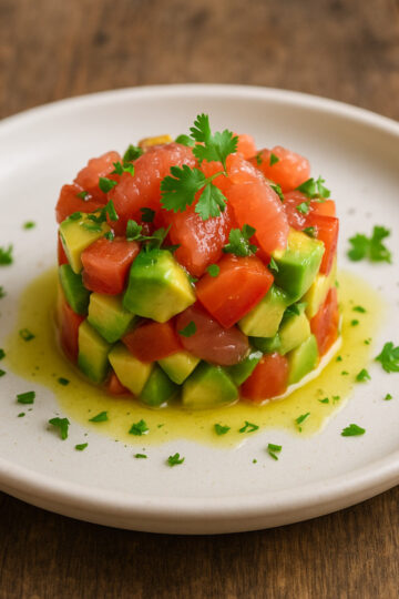 Tartare avocat tomate et pamplemousse dressé en cercle sur assiette blanche