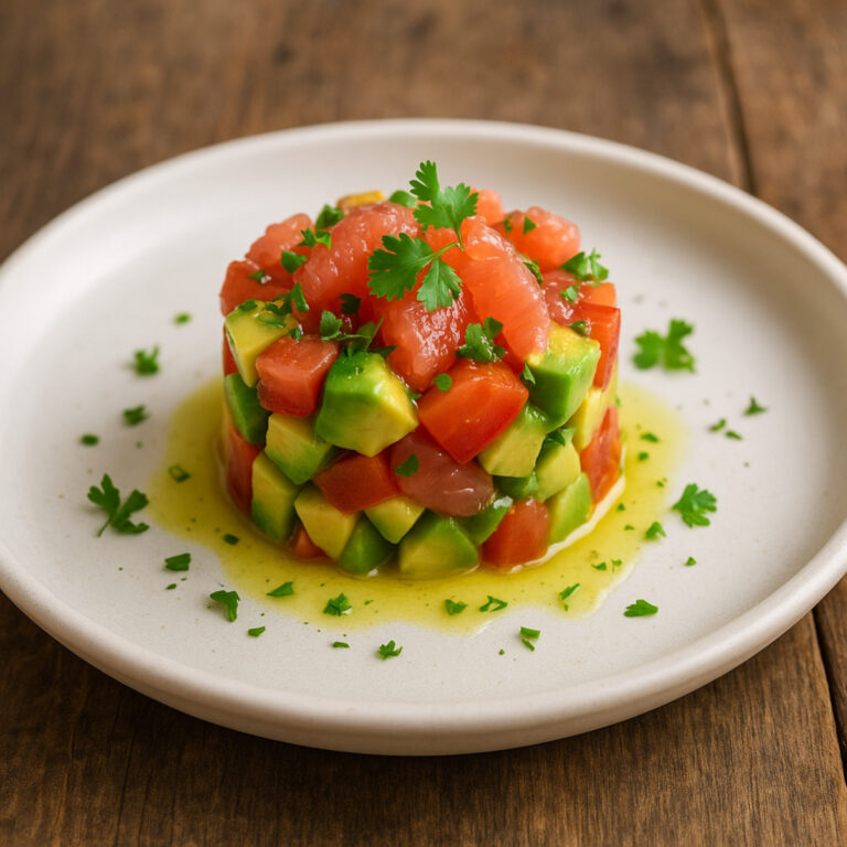 Tartare avocat tomate et pamplemousse dressé en cercle sur assiette blanche