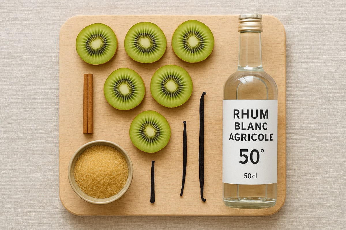 Vue de dessus des ingrédients : kiwis tranchés, bâton de cannelle, gousse de vanille, sucre roux et bouteille de rhum blanc