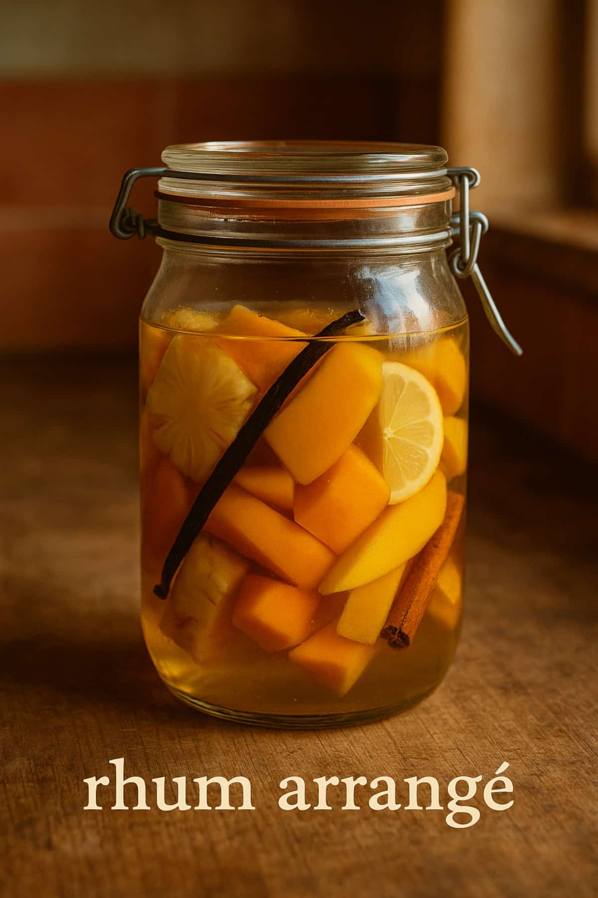 bocal de rhum arrangé maison en macération avec fruits tropicaux