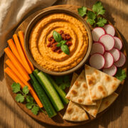 houmous aux tomates séchées dans un bol rustique avec crudités colorées