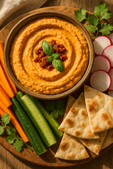 houmous aux tomates séchées dans un bol rustique avec crudités colorées