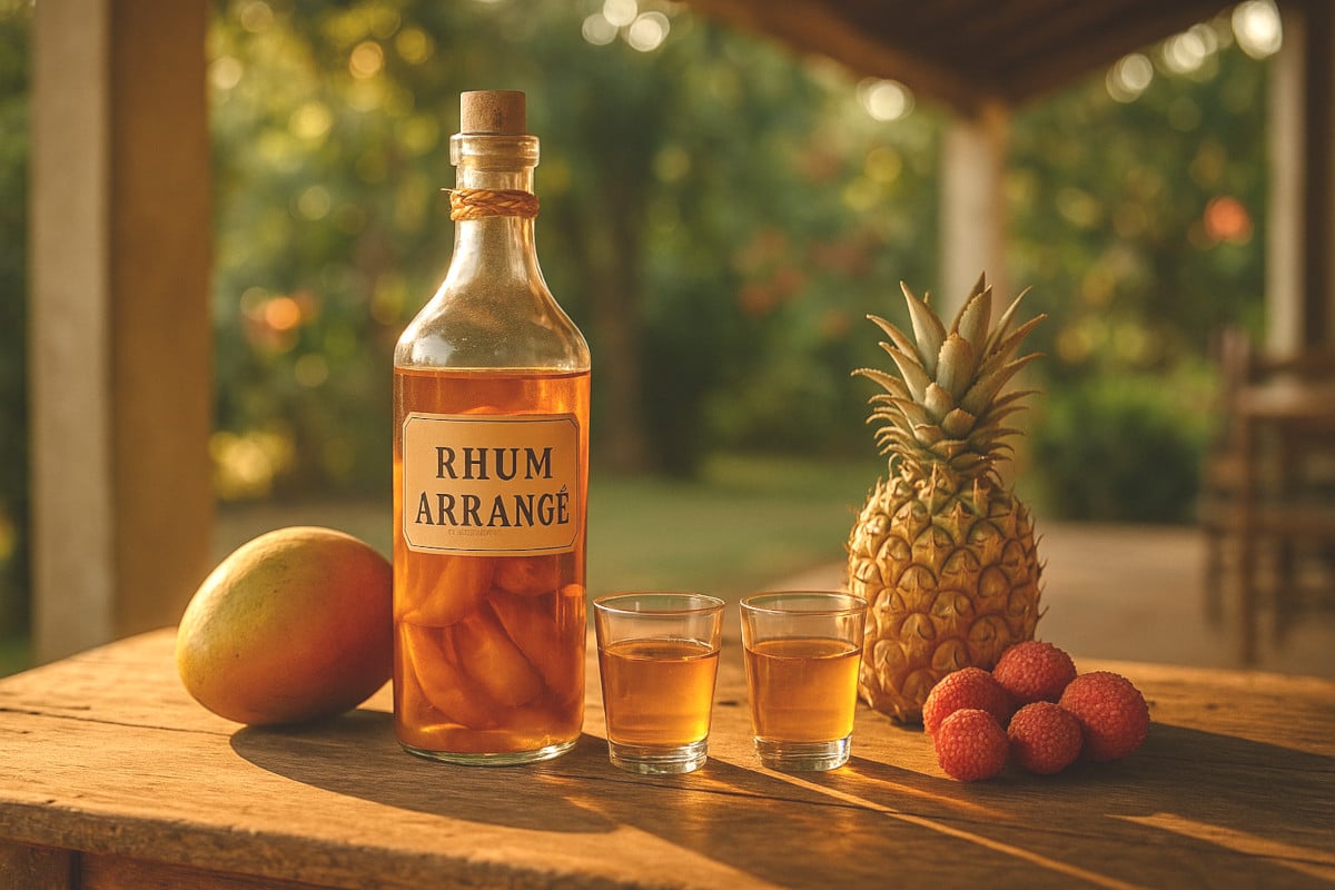 rhum arrangé réunionnais sur une table créole en fête, symbole de convivialité créole, symbole de convivialité créole