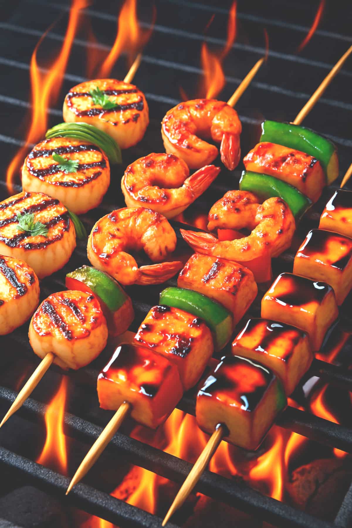 3 brochettes BBQ originales fumantes sur grill : Saint-Jacques citronnelle, cajun épicé et yakitori tofu