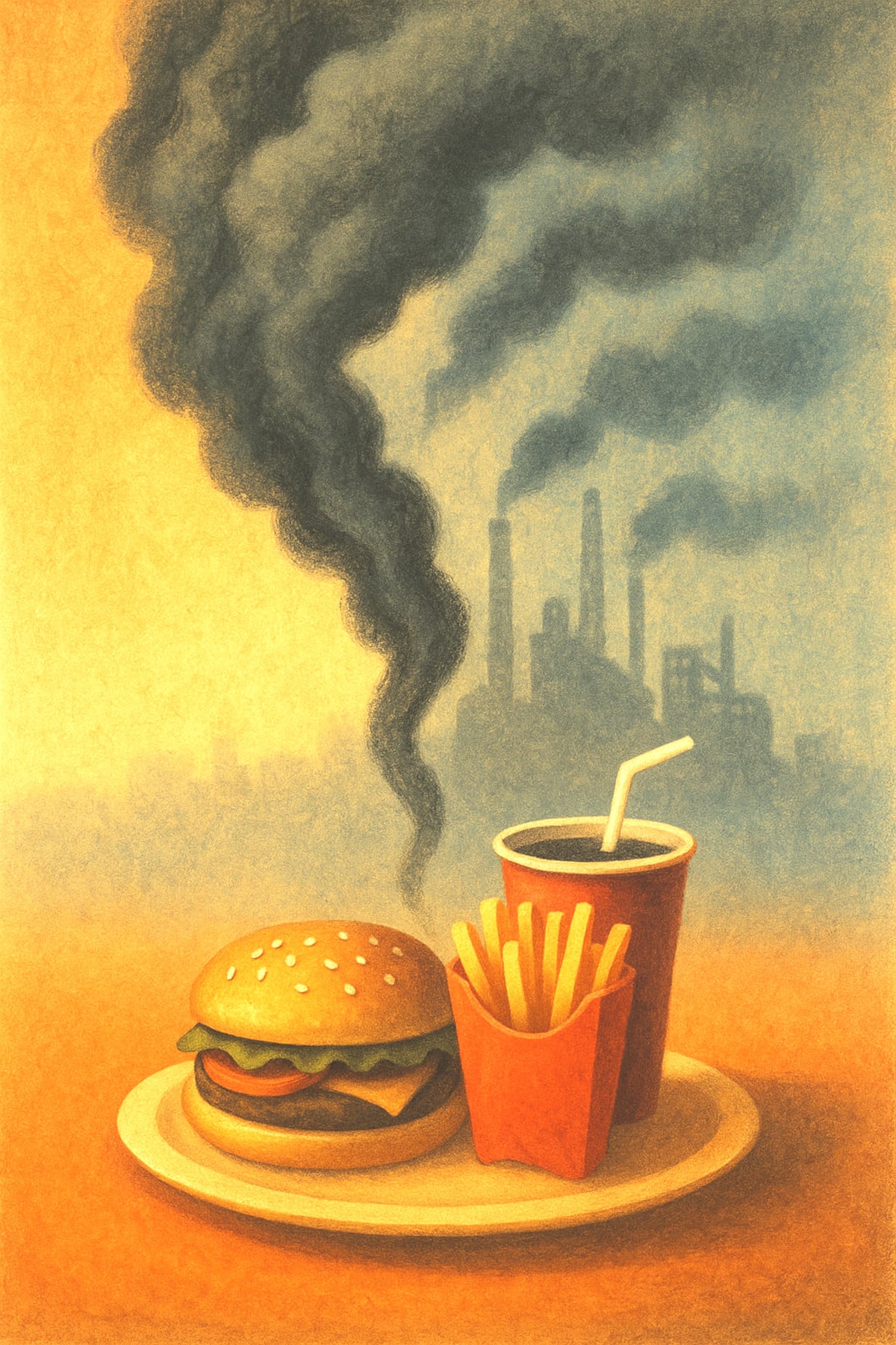 Assiette de fast-food dégageant des fumées illustrant des émissions de CO2 avec ombres d’usines en arrière-plan