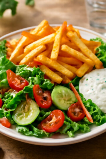 Assiette appétissante de salade de frites maison avec frites croustillantes, salade verte, sauce yaourt et légumes croquants du printemps